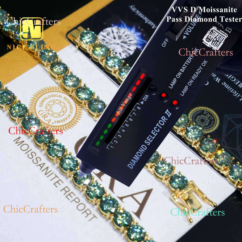 Ready Stocks High Fashion Pass Dia Tester 5mm Dark Blue Green Moissanite Tennis Necklace Bracelet Hip Hop Jewelry