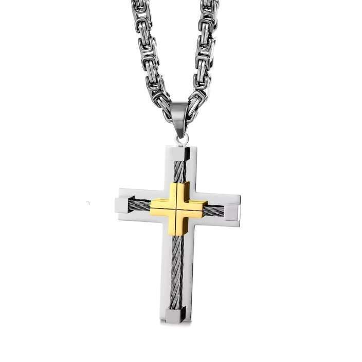 DHcollections High End Double Gold Stainless Steel Necklace, Cross 316 Large