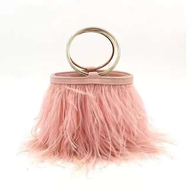 Metal Ring Handle Bucket Women's Handbag Fashion Ostrich Feather Evening Wedding Party Clutch Purse Shoulder Bag