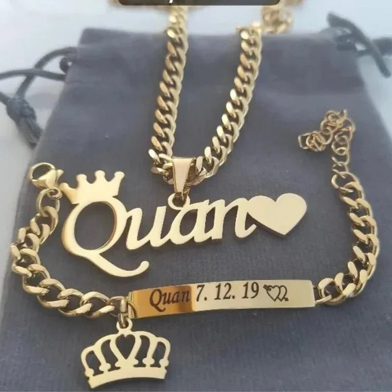 Customized Crown Name Necklace Bracelet Womens Jewelry Set Stainless Steel Gold Heart Charm Boy and Girl Accessories Gift 250428