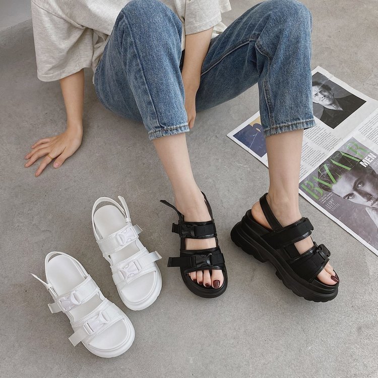 Aphixta 8cm platform sandals womens wedge high heels womens buckle leather canvas summer Zapatos unprinted wedge womens sandals 250228