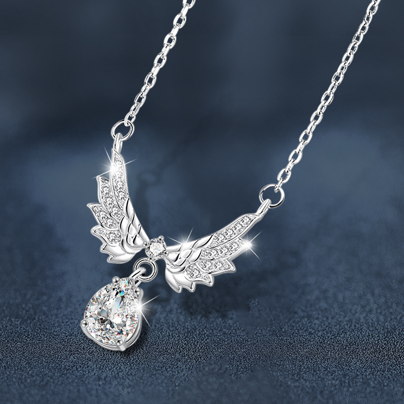 S925 Sterling Silver Angel Wings Moissanite Necklace for Women, Elegant Teardrop Pendant, Dainty Gift Clavicle Chain for Girlfriend