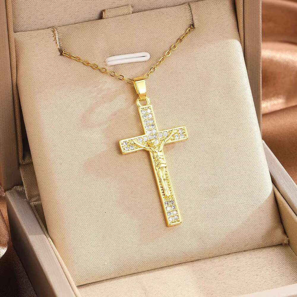 DHCollections Retro Religious Style Stainless Steel Inlaid Zircon Cross Bitter Frame Nailed Portrait Pendant Necklace for Unisex