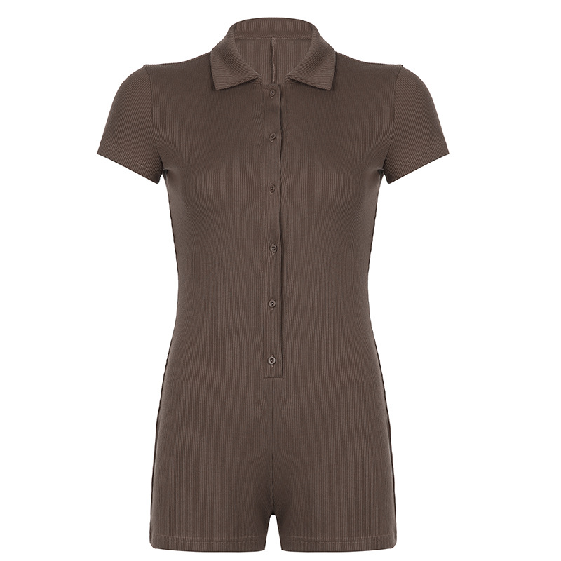 2025 summer solid color lapel breasted ribbed tight casual jumpsuit basic shorts