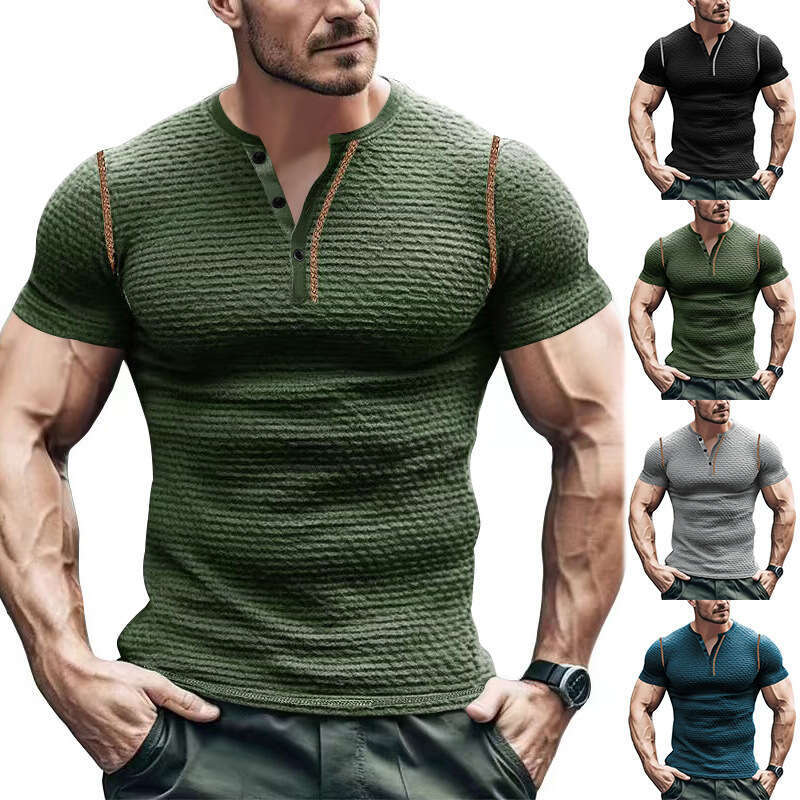 Summer sports fitness slim fit breathable short sleeved muscle Henry shirt men's t-shirt