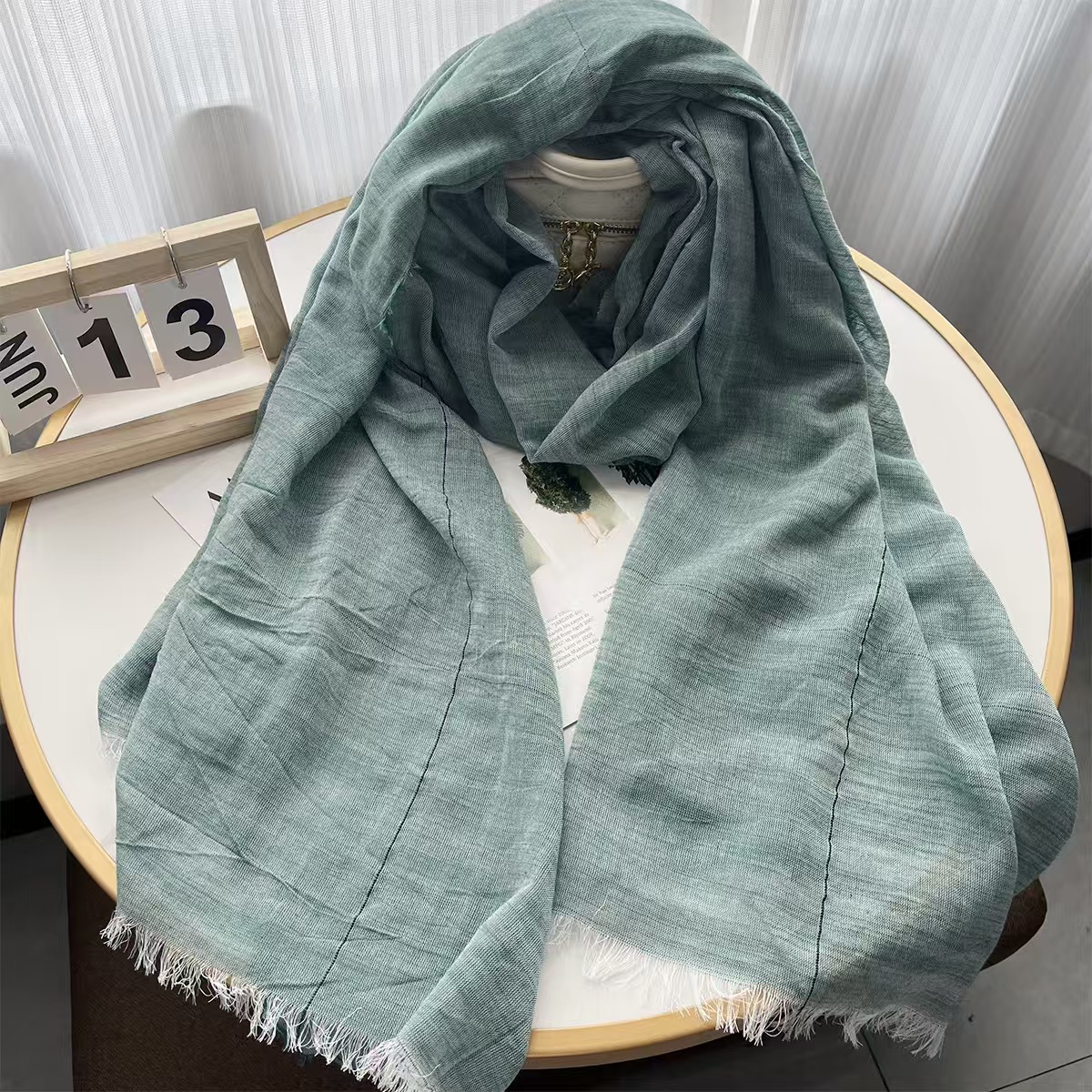 T646 Japanese and Korean style spring and summer thin solid color cotton and linen scarf simple plaid silk scarf clothing with tassel shawl
