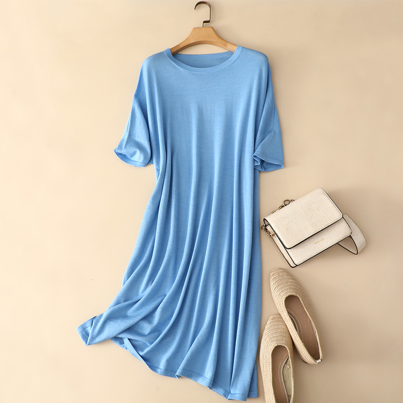 CL4120 Summer new light dress women's bat sleeve style silk wool slim knitted large size long skirt