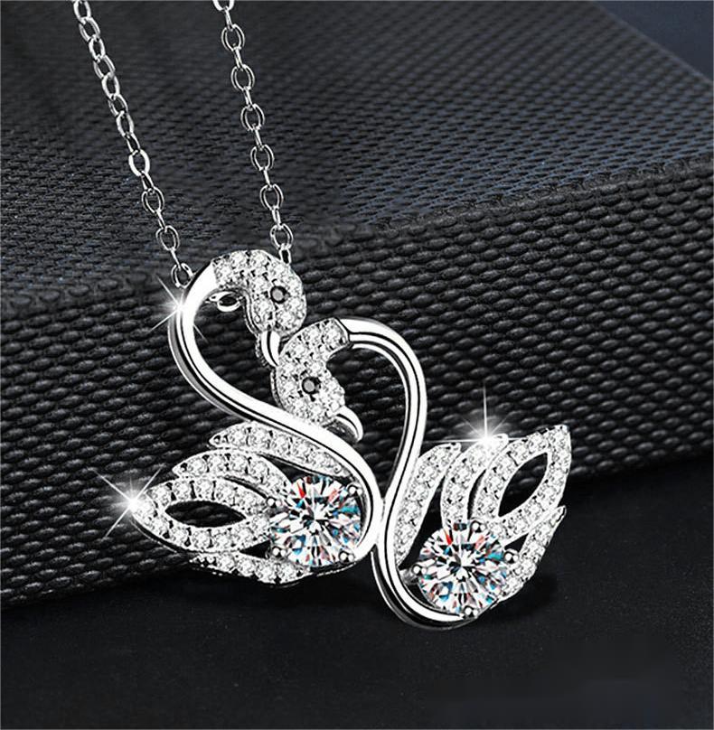 925 Silver Moissanite Double Swan Pendant Necklace Elegant Non-Fade Small Luxury DIY Jewelry for Women