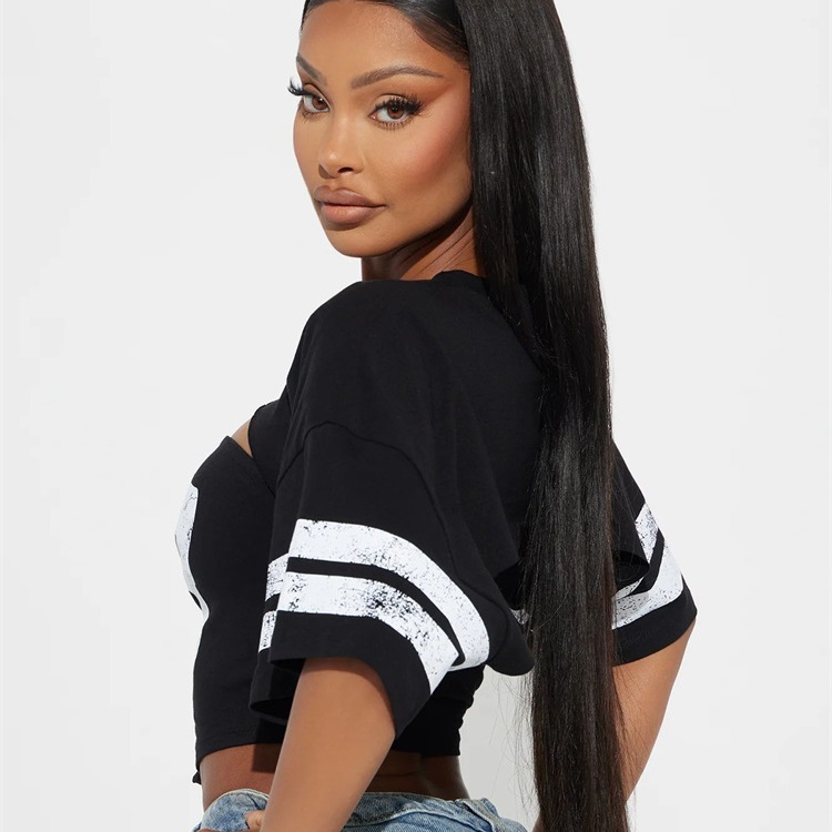 Number 13 Graphics Print T-shirt Women 2024 Sexy Hollow Out Irregular Crop Tops Female Streetwear Wild Club Tees