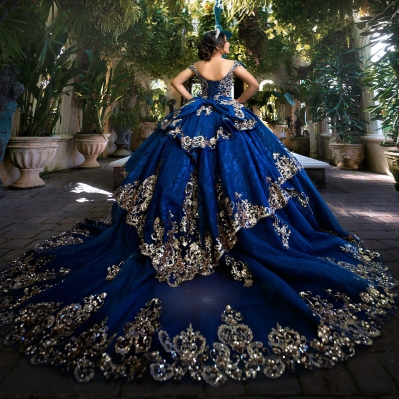 Royal Blue Shiny Quinceanera Dresses Off Shoulder Ball Gown Sweet 16 Dress Gold Applique Lace Beading Tull Birthday Party Vestidos 15 Anos