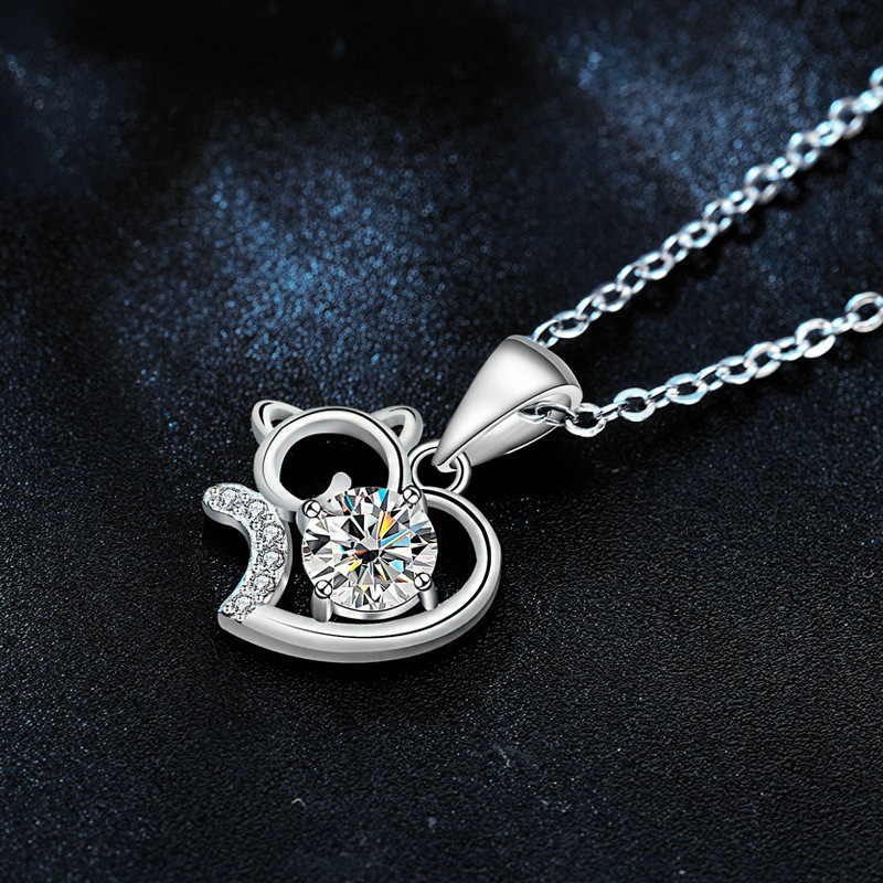 Cute Cat Heart Pendant 925 Silver Moissanite Necklace for Women Romantic Gift Minimalist Jewelry for Girlfriend Birthday Surprise
