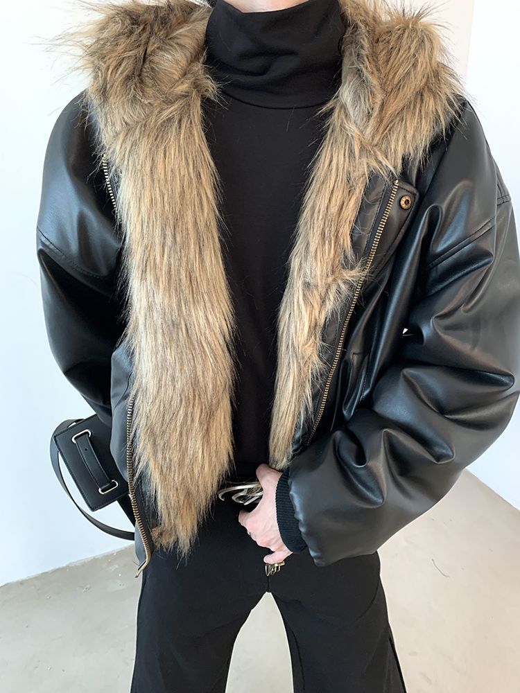Mens Jackets Hip Hop PU Leather Jacket Handsome Mens Fur One-Piece Imitation Fur Jacket