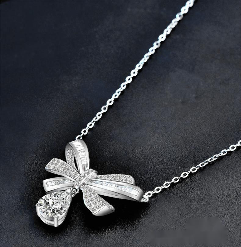 Elegant Bowknot Moissanite Necklace with Teardrop Pendant, S925 Sterling Silver Chain for Women, Romantic Gift for Qixi or Anniversary
