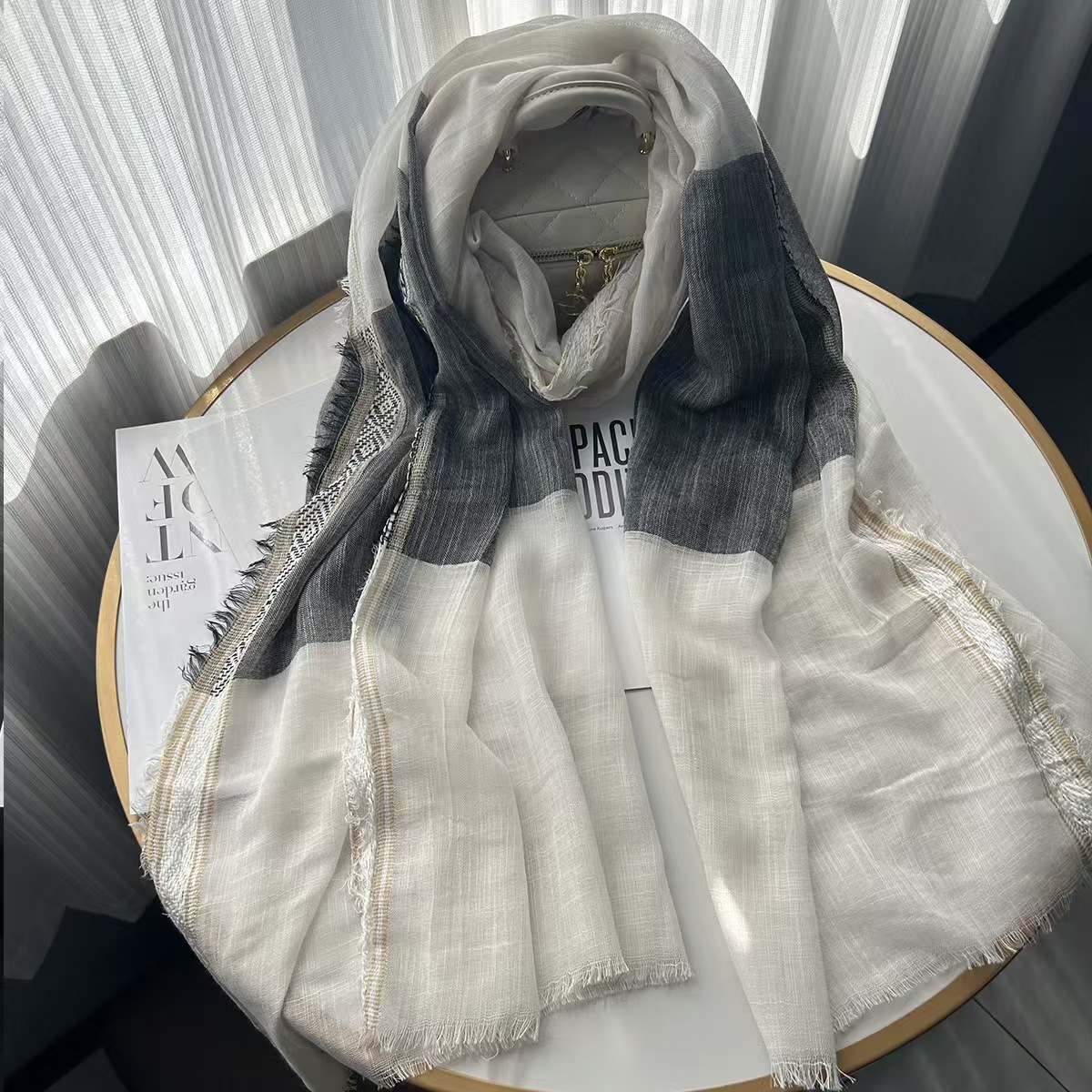 T650 cotton and linen scarf women's spring and autumn thin literary style retro pleated men's scarf jacquard white edge shawl