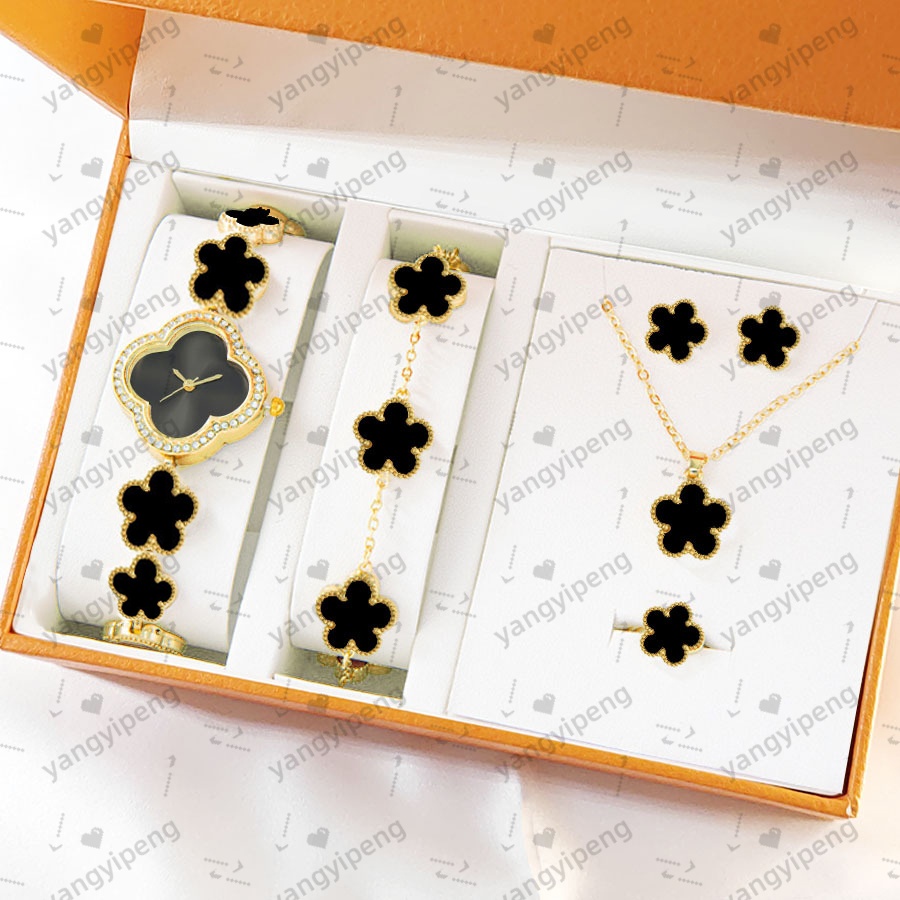 Luxury Fashion Floral Mechanical Watch Set Jewelry Set Lucky clover set hand chain necklace earrings ring set