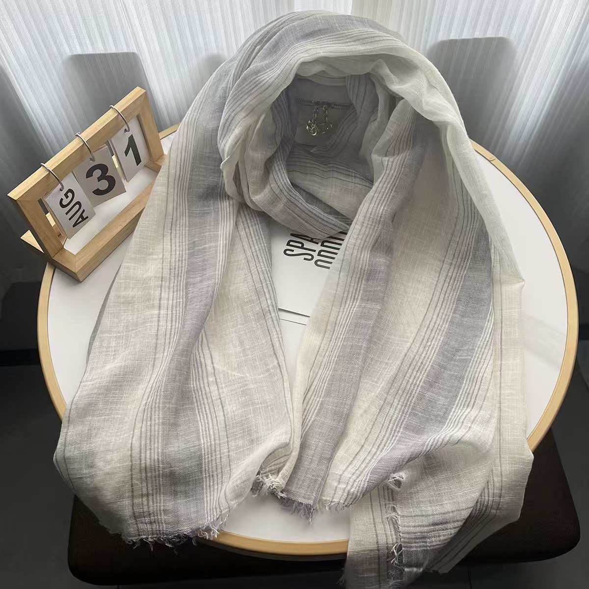 T647 Spring and Autumn Korean Cotton and Linen Scarf Women's Wide Stripes Literary Tassel Shawl Temperament Easy to Wear Scarf