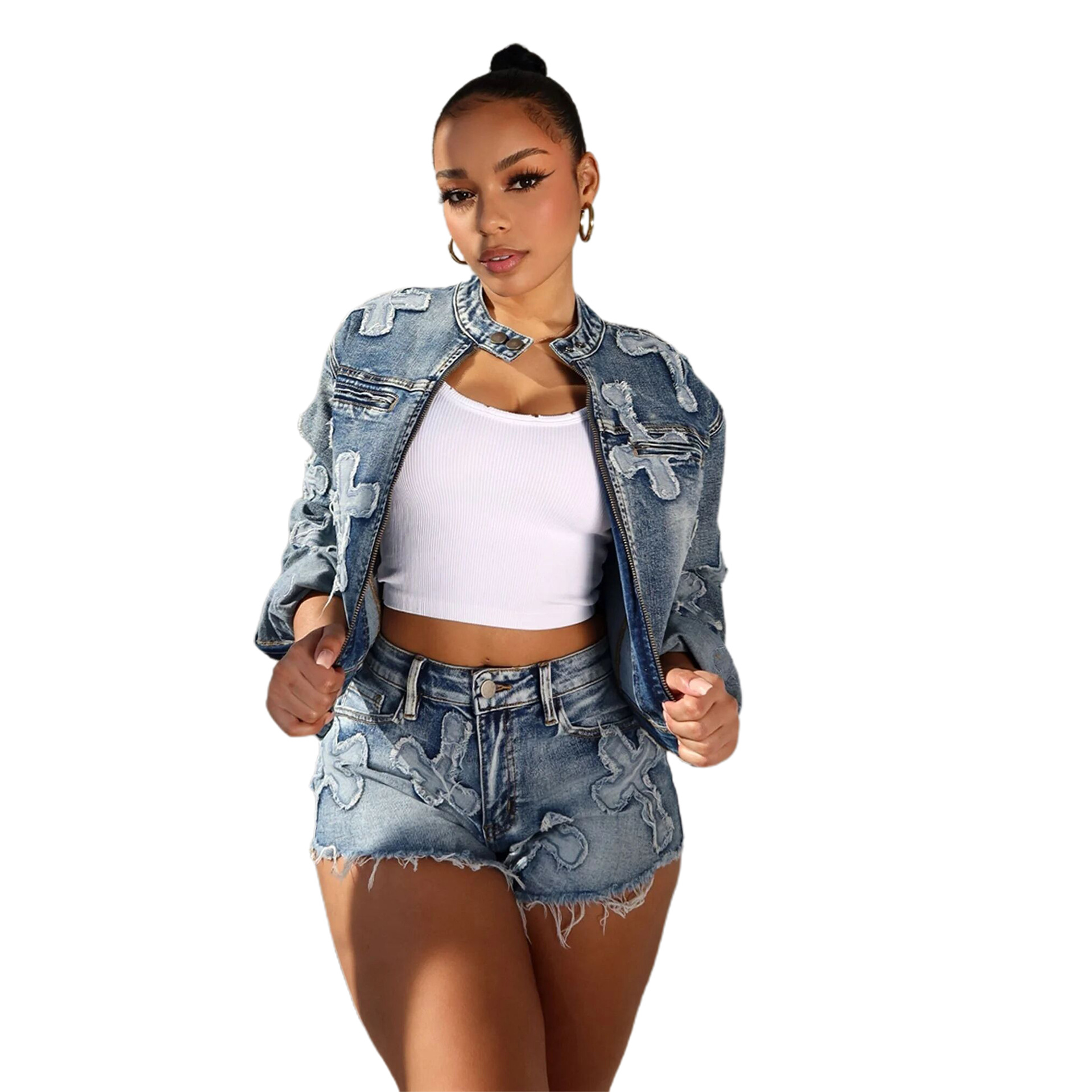 CNLONGBIDA Womens Tracksuits Sexy Denim Jean 2 Piece Matching Pant Set Outfits Summer Women Clothes Y2K Biker Shorts Suits Sets Cropped Tops