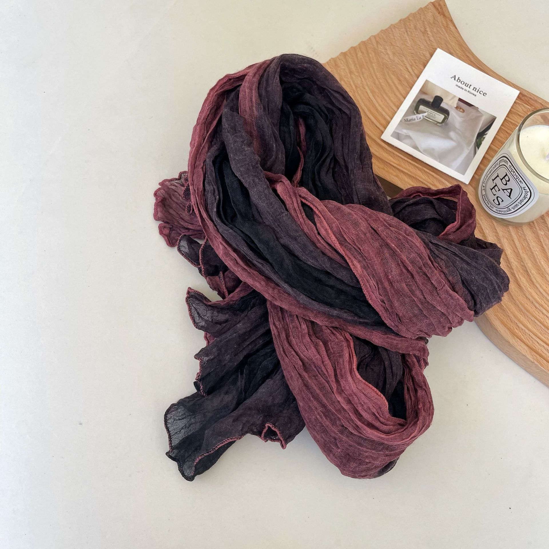 K644 Sunscreen cotton and linen shawl Korean literary fresh retro color blocking gradient color fashionable versatile trendy pleated long silk scarf