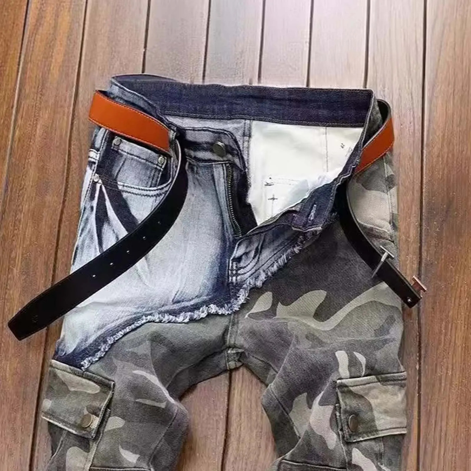 Mens Jeans Vintage Distressed Camouflage Ripped PatchworkJeans Slim Skinny Jeans Casual Denim Pants Men 250506