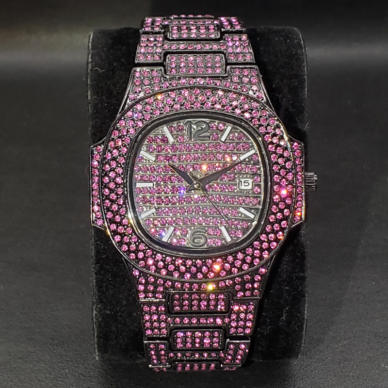 moissanite watch iced out watch mens watch purple blue color full diamond waterproof mens and womens watch rap hip-hop watch