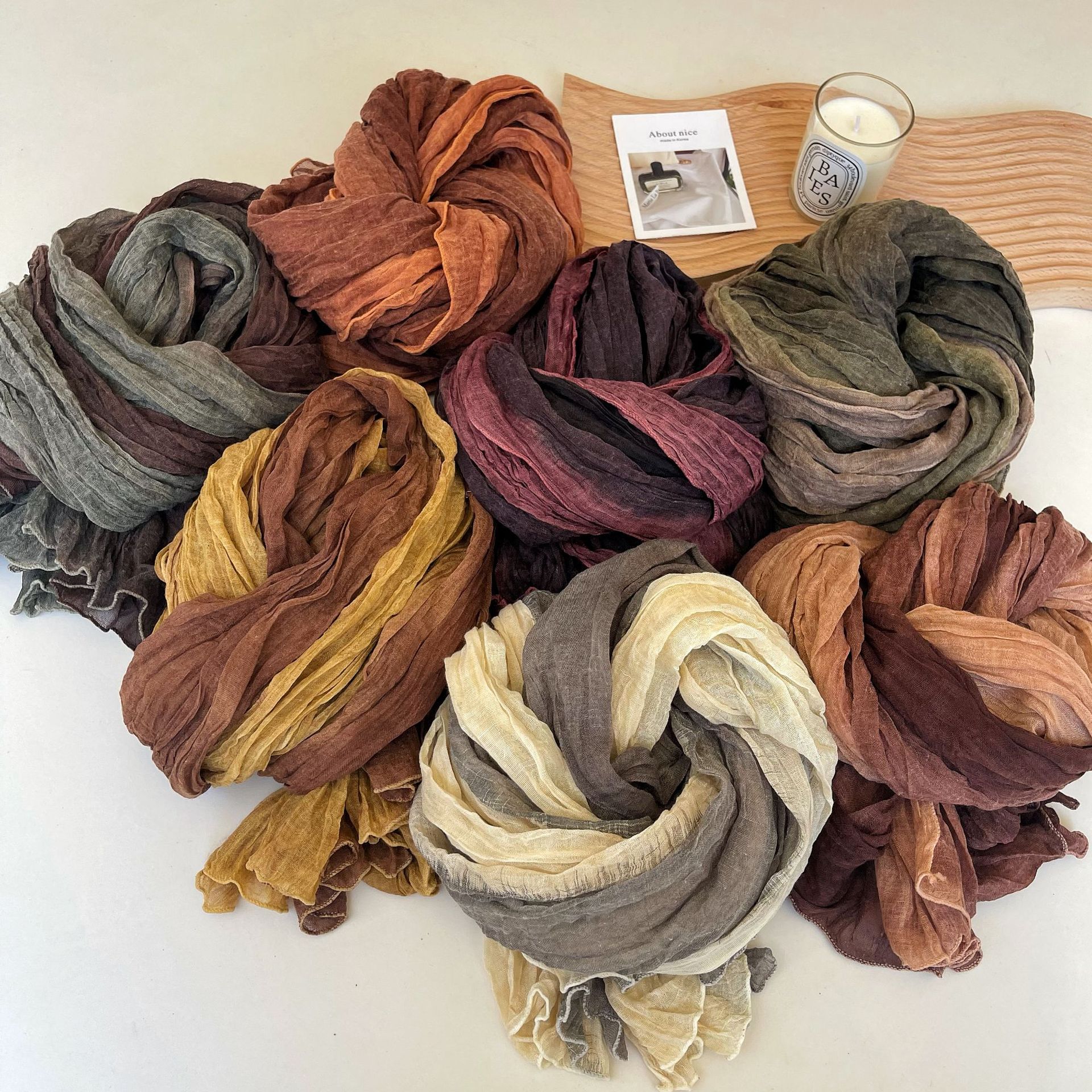 K644 Sunscreen cotton and linen shawl Korean literary fresh retro color blocking gradient color fashionable versatile trendy pleated long silk scarf