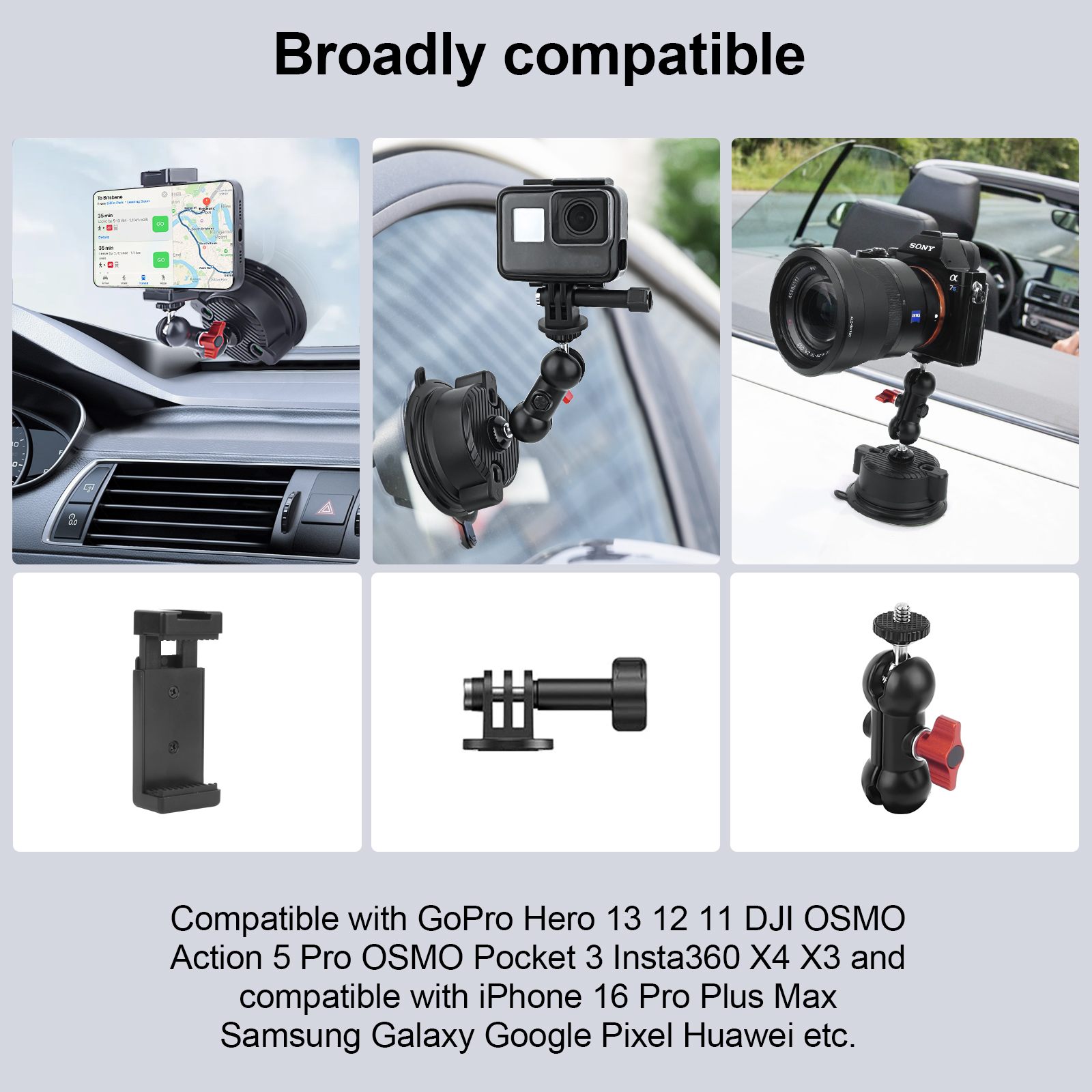 Suction Cup Car Mount with Phone Holder,360°Adjustable for Action Cameras & Smartphones,Dashboard,Boat Mount for Hero 13/12/11/10,DJI OSMO Action,Inst