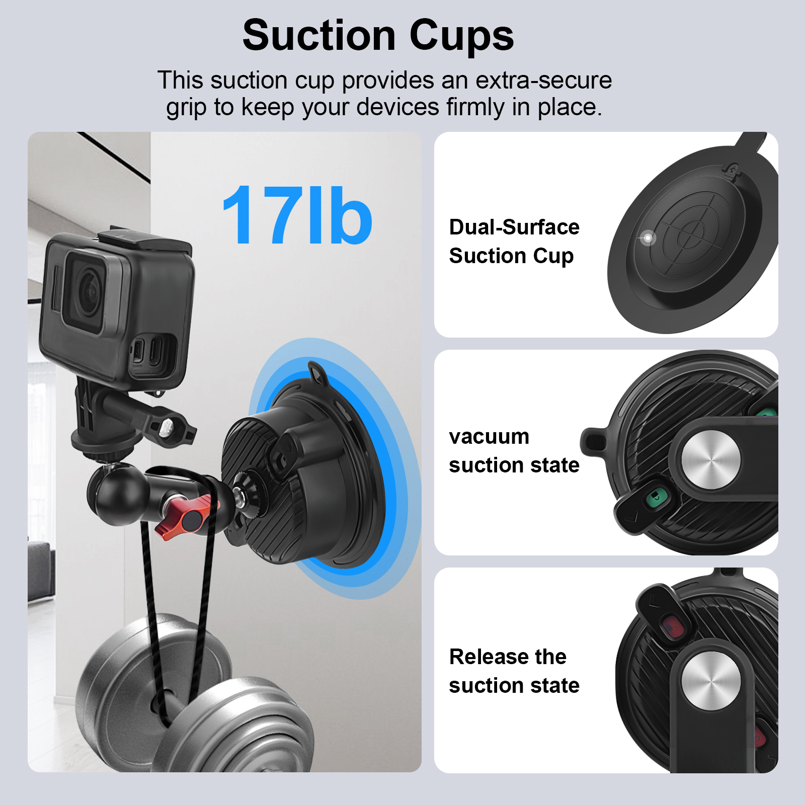 Suction Cup Car Mount with Phone Holder,360°Adjustable for Action Cameras & Smartphones,Dashboard,Boat Mount for Hero 13/12/11/10,DJI OSMO Action,Inst
