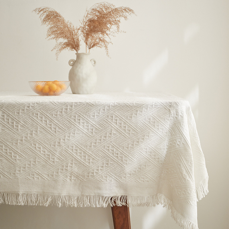 XX0365 white coffee table mat small square tablecloth ins style bedside table cover cloth round table cotton and linen desk dining table light luxury 
