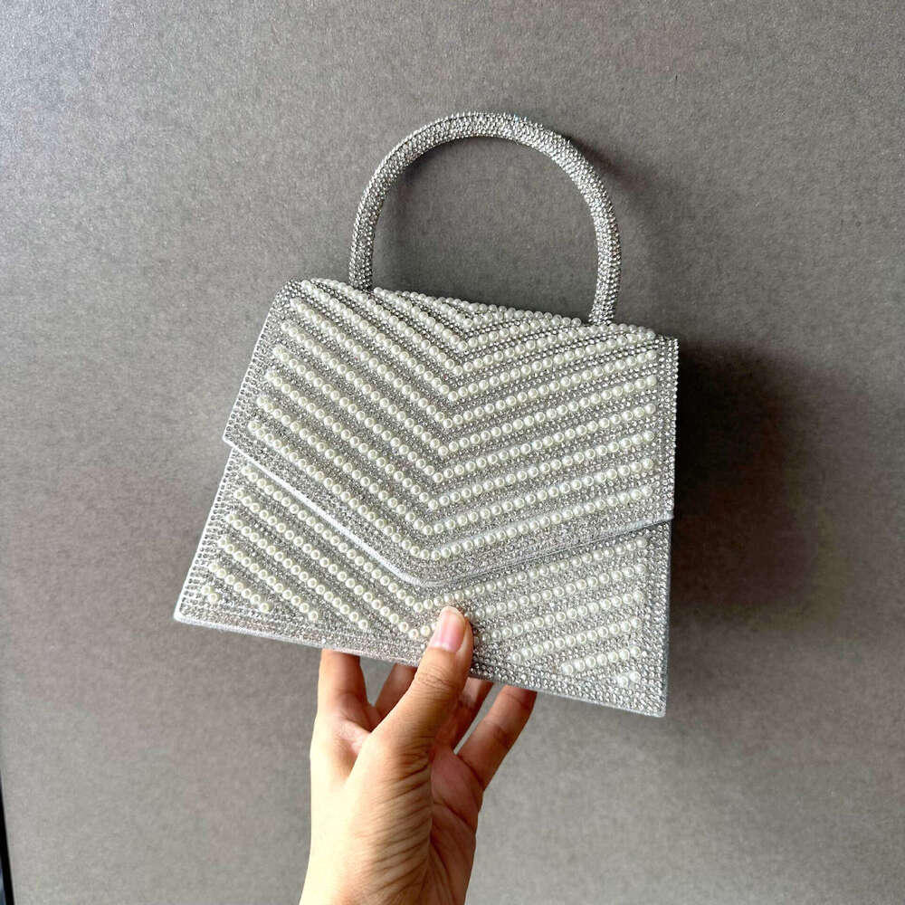Dinner Bag New Sparkling Diamond Pearl Face Dinner Handbag Formal Dress Evening Dress Flip Cover Small Square Bag KTV Princess Bag KQ