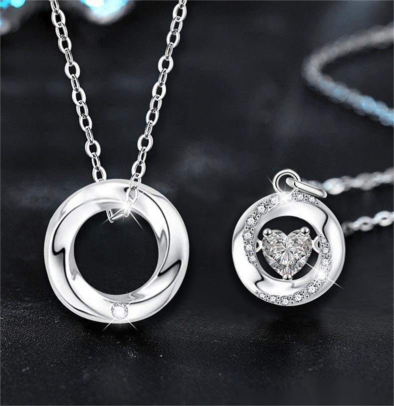 Couple Moissanite Pendant Necklaces in S925 Sterling Silver, Heart and Circle Design, Dainty Love Jewelry for Anniversary or Valentine's Gift