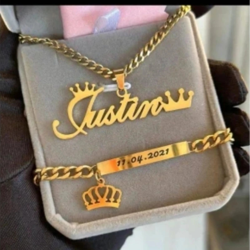 Customized Crown Name Necklace Bracelet Womens Jewelry Set Stainless Steel Gold Heart Charm Boy and Girl Accessories Gift 250428