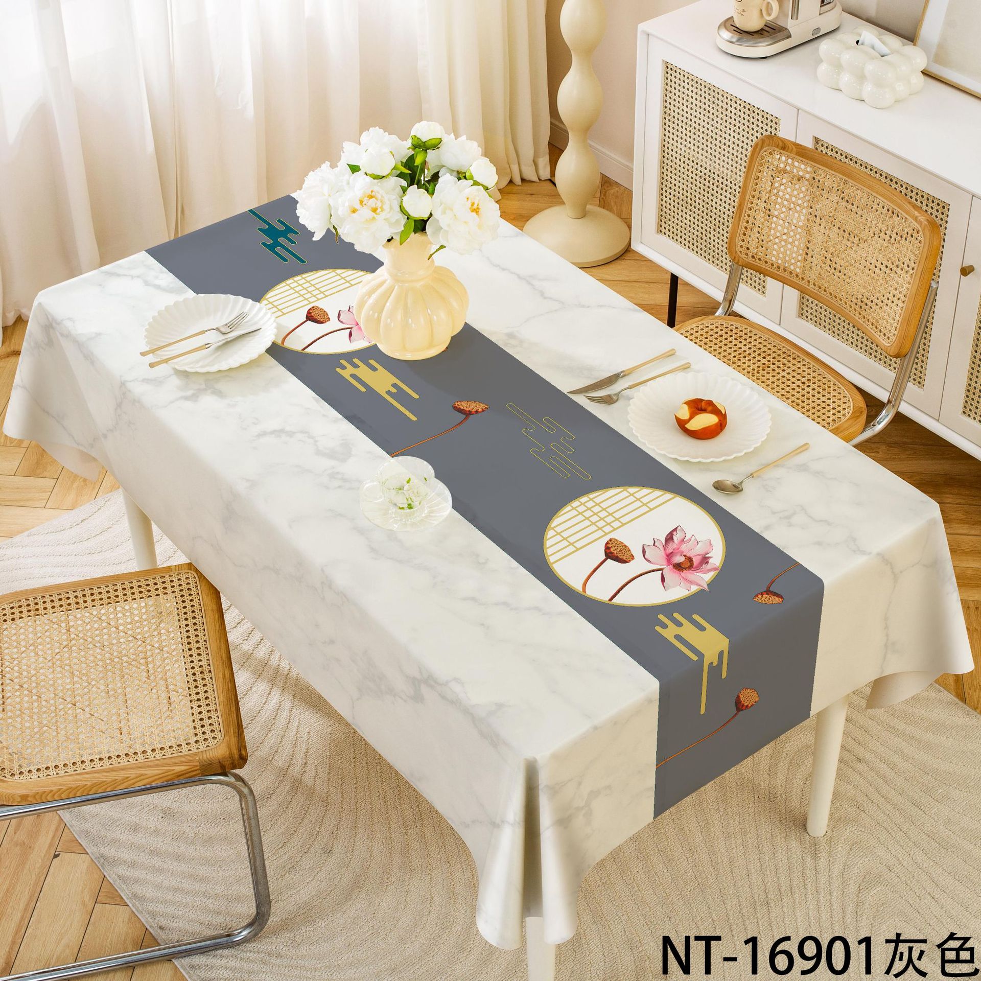 XX0393 New Chinese Good Luck Lotus Tea Table Table Cloth Waterproof Oil-proof Anti-scalding Disposable PVC Table Cloth Wholesale