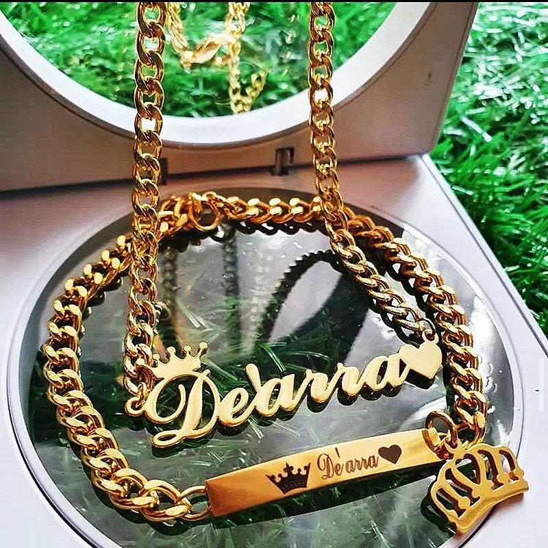 Customized Crown Name Necklace Bracelet Womens Jewelry Set Stainless Steel Gold Heart Charm Boy and Girl Accessories Gift 250428