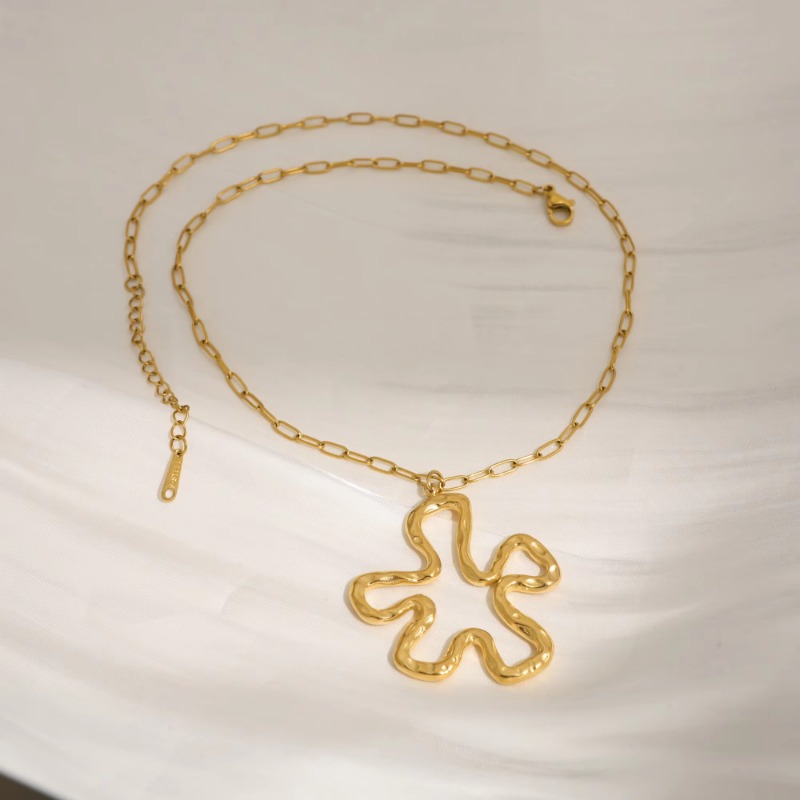 Jewellery High Quality 18K Gold Plated Stainless Steel Hollow Large Pendant Boho Line Flower Paper Clip Necklace Tarnish Free Textured Gift for All Oc