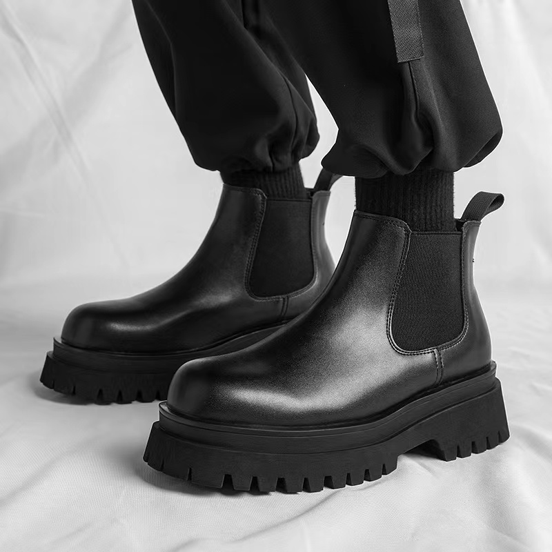 Men's 2025 PU leather ankle boots men's punk thick sole anti slip combat New black retro British style versatile shoes