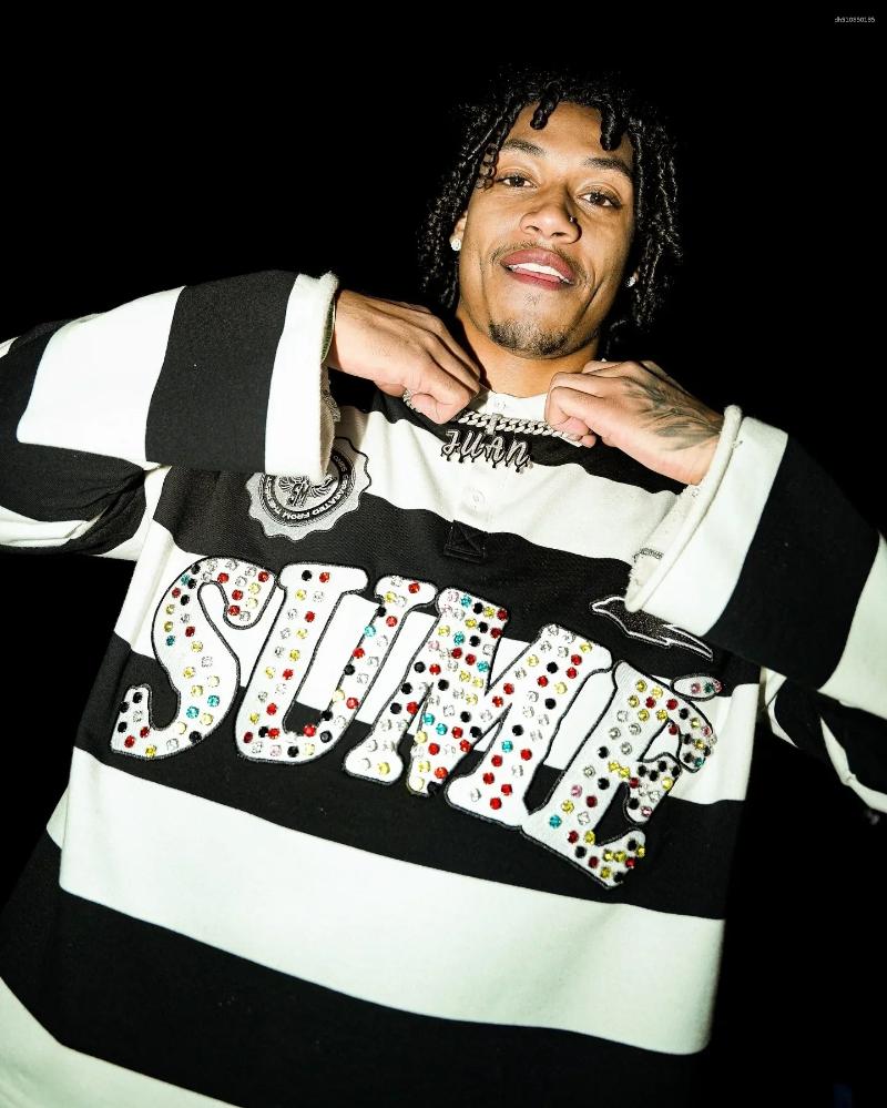 Men's Polos Sume Striped Shirts Men Women Hip Hop Rhinestone Print Y2k American Retro Street Style Polo Shirt Y2k Harajuku Fashion Long Sleeve T 