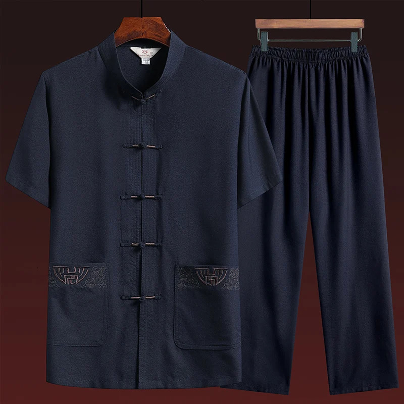 Cotton and linen toppants elderly mens gold silk flat buckle pocket embroidered Tang Korean clothing set 250430Z