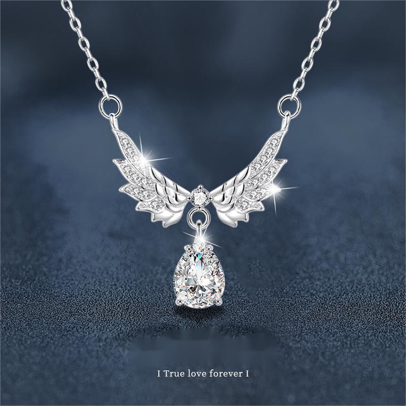 S925 Sterling Silver Angel Wings Moissanite Necklace for Women, Elegant Teardrop Pendant, Dainty Gift Clavicle Chain for Girlfriend