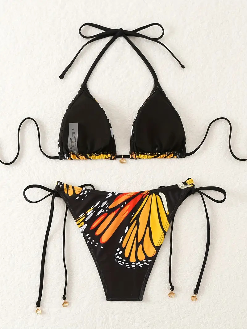 2025 Europe and the United States fashion sexy two-piece vacation butterfly print tie bikini three-point new swimsuit female