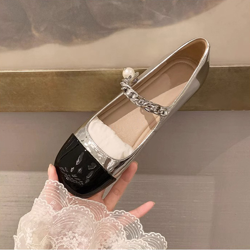 2025 Women's flat Mary Jane single shoes with rhinestone and pearl buckles and straps Sparkling round-toe color-blocked pearl chain new design
