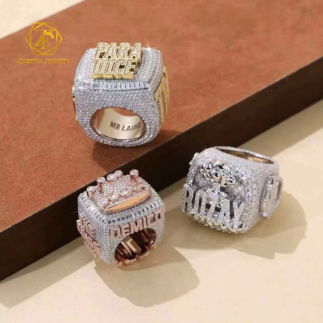 Hip Hop Jewelry Luxury 925 Sterling Silver Iced Out Paved VVS Moissanite Diamond Ring for Men Women Party