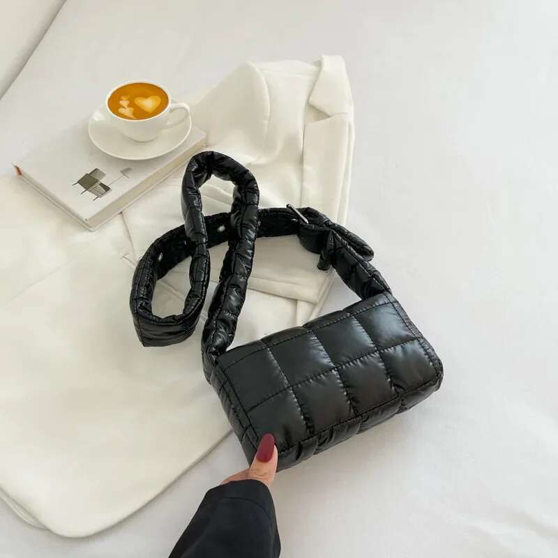 ddmy Quilted Tote Fashion Bag Winter Lightweight Warm Down Cotton Padded Plaid Shoulder Women Underarm Bags Puffy Handbags