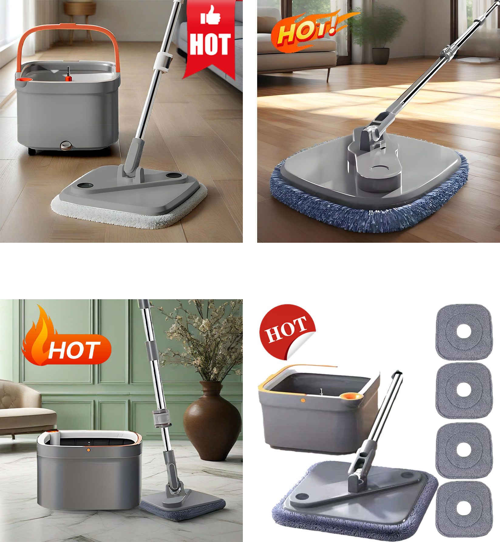 Mop bucket + reinforcing rod +4 mops, household one-mop clean, automatic rotating no-hand-wash mop, lazy person's water-absorbing flat mop baolia
