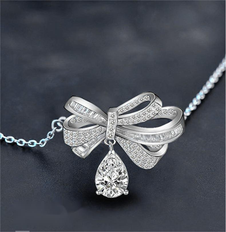 Elegant Bowknot Moissanite Necklace with Teardrop Pendant, S925 Sterling Silver Chain for Women, Romantic Gift for Qixi or Anniversary