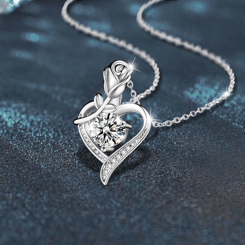 925 Sterling Silver Heart Shaped Rose Pendant Necklace for Women with Moissanite Diamond - High-End Look