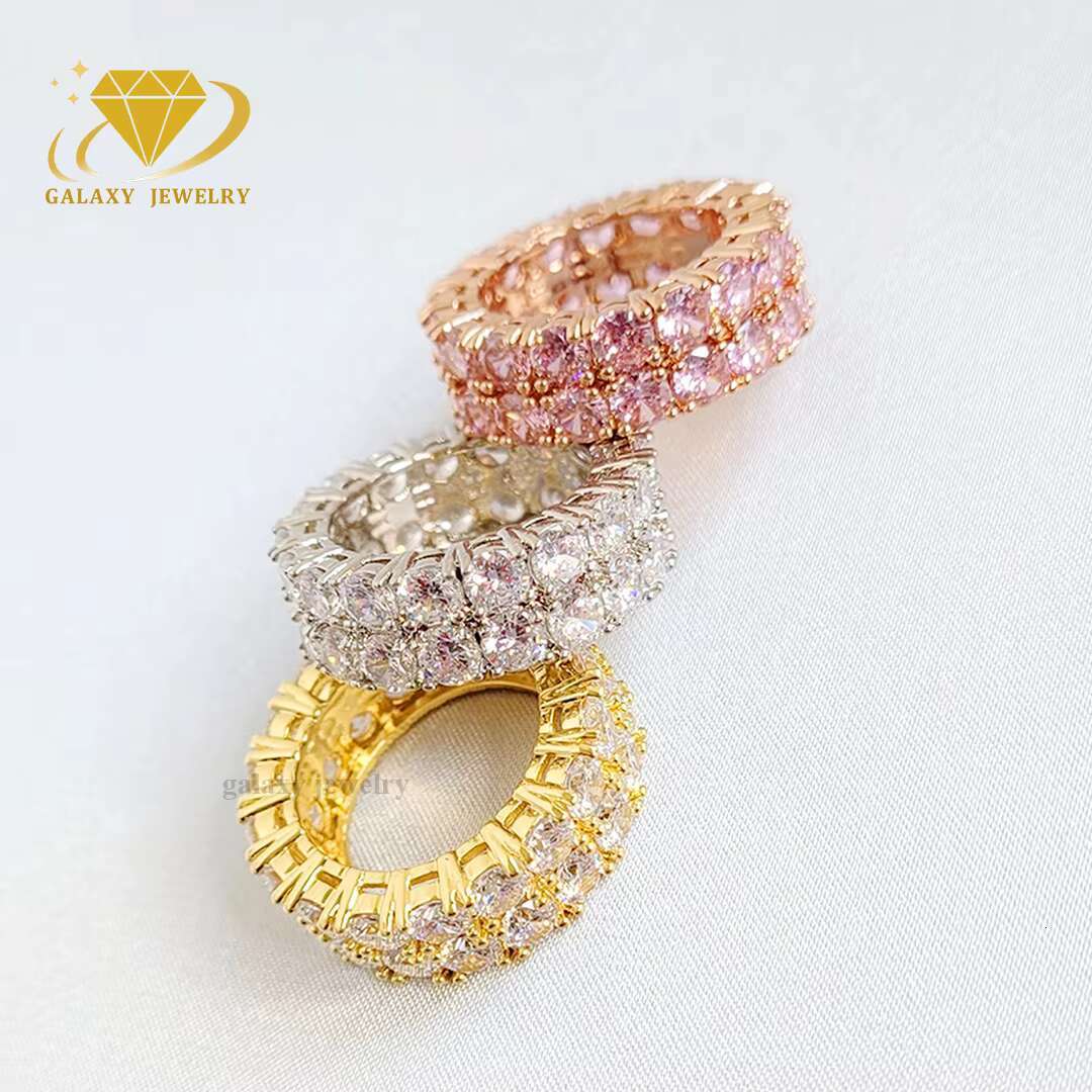 Men Jewelry Design Tennis Ring 14k Gold Plated Solid 925 Silver Moissanite Diamond Double Row Eternity Ring