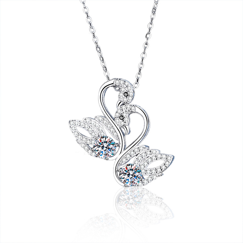 925 Silver Moissanite Double Swan Pendant Necklace Elegant Non-Fade Small Luxury DIY Jewelry for Women