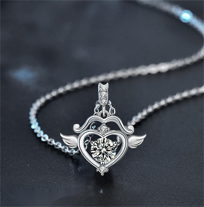 S925 Sterling Silver Cupid Arrow Heart Moissanite Necklace for Women, Dainty Pendant with Wings, Creative Gift for Anniversary or 520