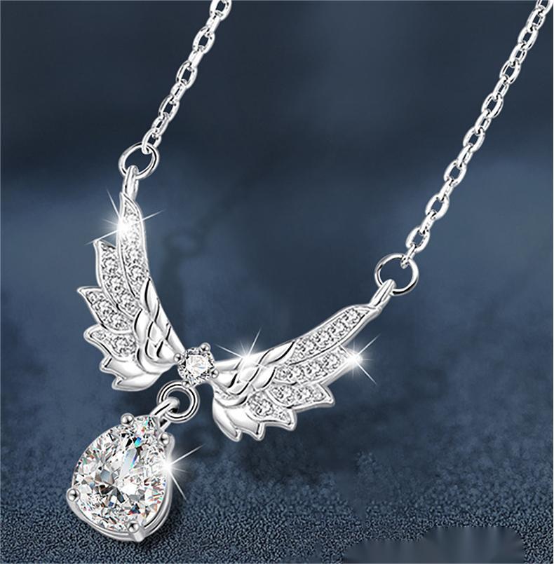 S925 Sterling Silver Angel Wings Moissanite Necklace for Women, Elegant Teardrop Pendant, Dainty Gift Clavicle Chain for Girlfriend