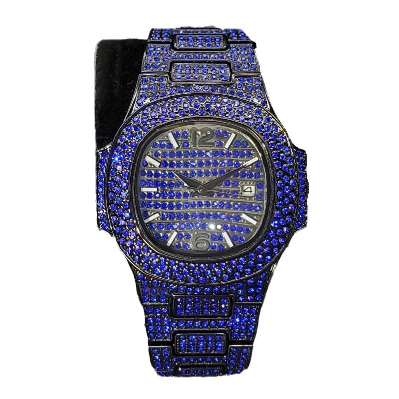 moissanite watch iced out watch mens watch purple blue color full diamond waterproof mens and womens watch rap hip-hop watch